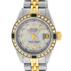 Rolex Ladies Two Tone Grey Diamond & Emerald 26MM Datejust Wristwatch