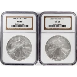 Lot of 2006-W & 2007-W $1 American Silver Eagle Coins NGC MS69