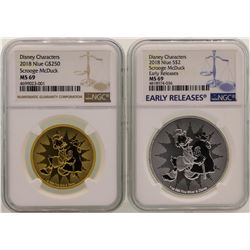 Lot of 2018 Niue Disney Scrooge McDuck Gold & Silver Coins NGC MS69