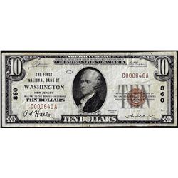 1929 $10 First NB of Washington, New Jersey CH# 860 National Currency Note