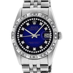 Rolex Mens Stainless Steel Blue Vignette Pyramid Diamond Bezel Datejust Wristwatch
