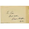 Image 1 : Charles Chaplin Signed Notecard. A 3" x 5" note Charles Chaplin Signed Notecard.