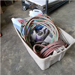 TOTE OF ACETYLENE TORCH W/ HOSE AND SHOP FLUIDS