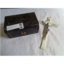 ANTIQUE DRESSER BOX W/ CONTENTS AND CRUCIFIX