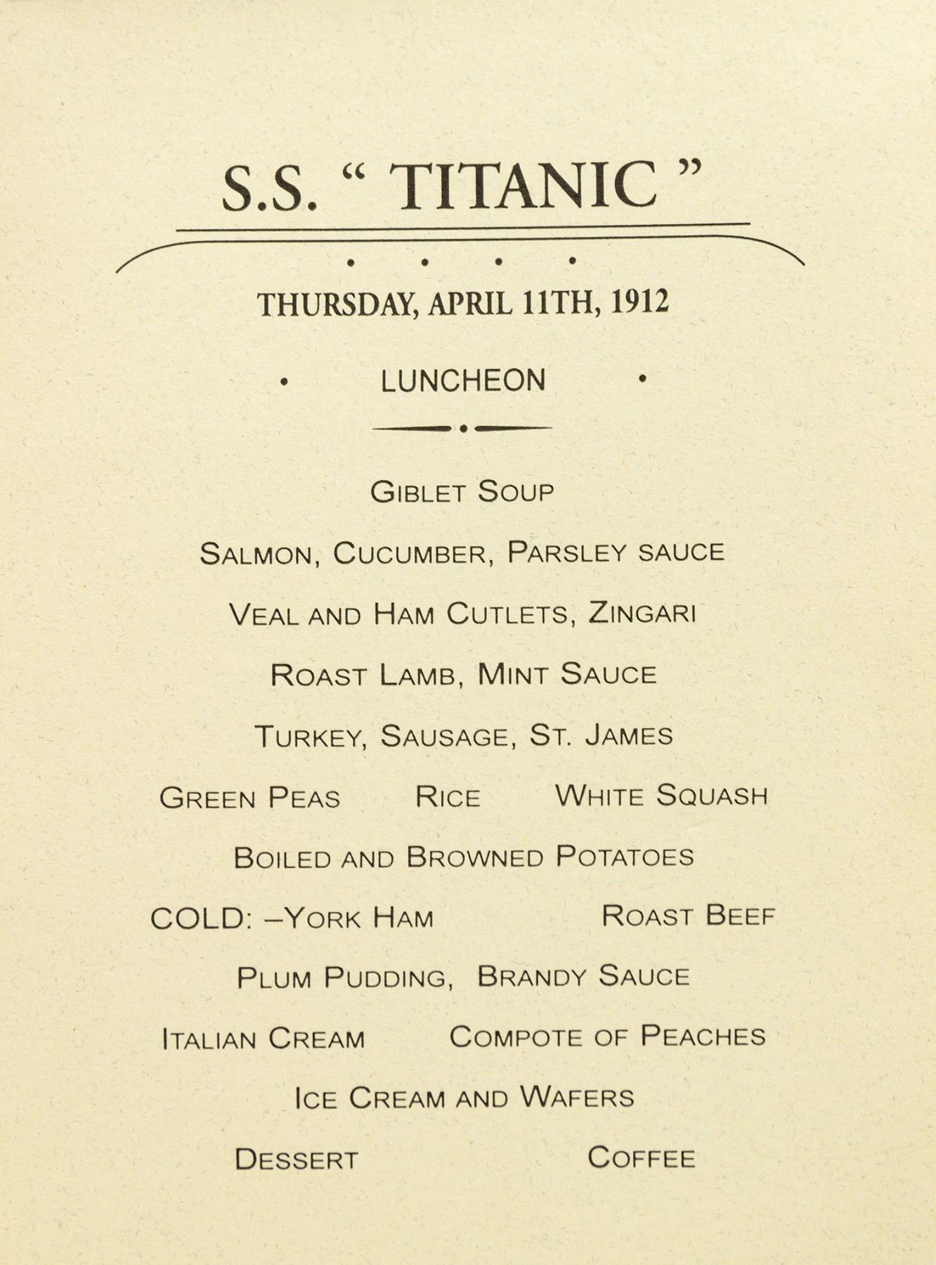 Titanic Palm Court Cafe Menu Prop.