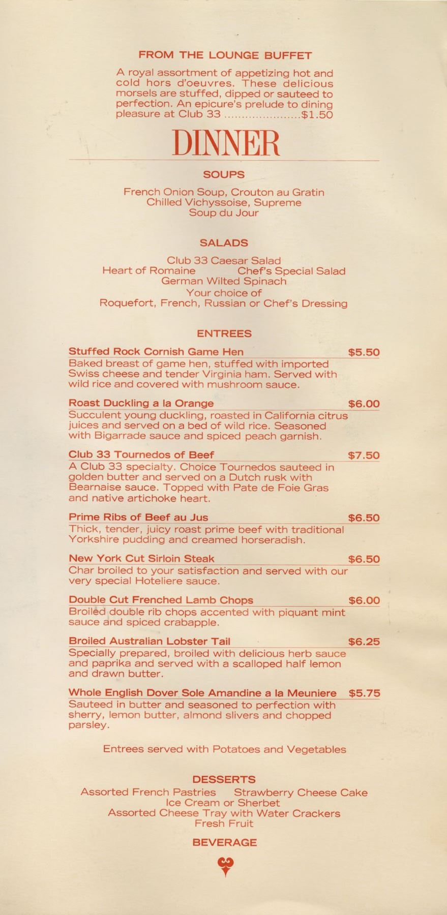 Club 33 Menu and Wine List.