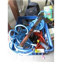 Bin of Extension Cords Axe, Mallet and More