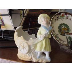 VICTORIAN BISQUE FIGURINE GIRL PULLING CART #843537