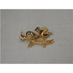 14K Turquoise Seed Pearl Bird Nest Pin Brooch #852083