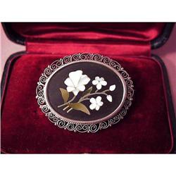 Stone Inlaid Victorian Brooch Pietra Dura  #866133