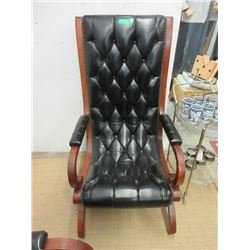 Large Black Leather Arm Chair with Wood Frame