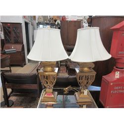 Pair of Large Gold Lamps with White Shades