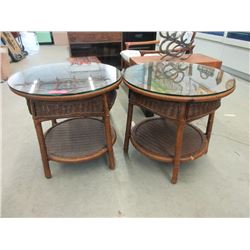 Pair of Glass Topped Wicker End Tables