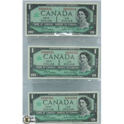 1967 LOT OF 3 IN SEQUENCE CANADA $1 DOLLAR NOTES