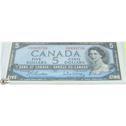 1954 $5 CANADIAN BILL SERIAL #IS6893759