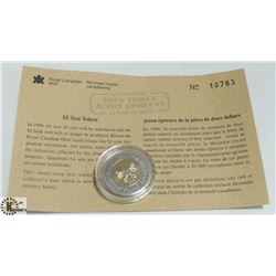 1996 CANADA $2 TEST TOKEN WITH COA ROYAL CANADIAN