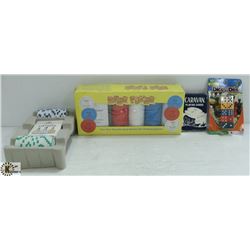 LOT OF VARIOUS POKER CHIPS, CARDS AND DICE