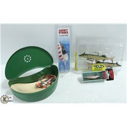 BAG OF 1950'S FISH TACKLE CASE AND NEW TACKLES