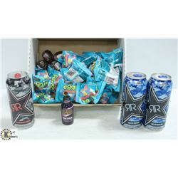 BOX OF HERSHEYS EGGS & ENERGY DRINKS