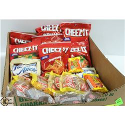 BOX OF WAGON WHEELS, DADS COOKIES, CHEEZ-IT SNACKS