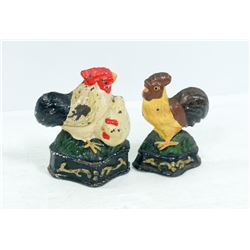 PAIR OF ANTIQUE CAST IRON CHICKENS/ ROOSTERS