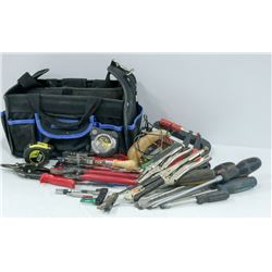 BOX W/ MASTERCRAFT TOOL BAG AND VARIOUS TOOLS.