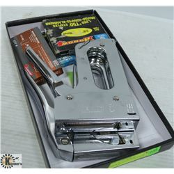 BOX W/ STANLEY AND ARROW STAPLERS.