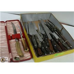 BOX W/ VINTAGE CHEFS KNIVES AND CARVING KNIVES.