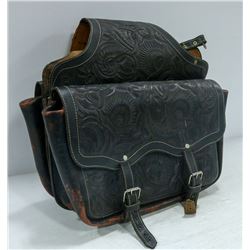 MOTORCYLCE SADDLEBAGS- HAND TOOLED LEATHER- BLACK