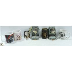 LOT OF WOLF DECOR ITEMS: INCLUDES CLOCK, MUGS