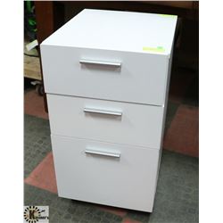 WHITE WOOD ROLLING FILE CABINET, 15 X 18 X 27
