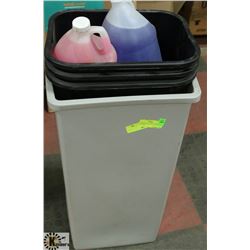 4 GARBAGE BINS WITH ASSORTED CLEANERS