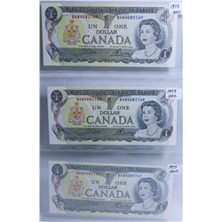 LOT OF 3 IN SEQUENCE 1973 ONE DOLLAR BILLS.