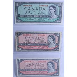 1954 CANADIAN $2 DOLLAR BILLS- 2- $1 DOLLAR BILL-