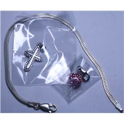 19) SILVER BRACELET 7.5" AND PENDENT SET  ,