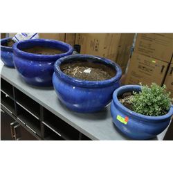 LOT OF 4 ASSORTED BLUE POTTERY DECK PLANTERS
