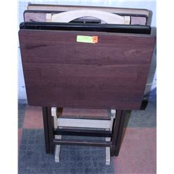 SET OF 4 SOLID DARK WOOD TV TRAYS ON