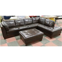 DARK BROWN LEATHER SECTIONAL SOFA WITH OTTOMAN