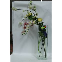 LARGE GLASS VASE WITH ARTIFICIAL FLOWERS