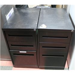 2 BLACK PEDESTAL CABINETS, ONE HAS DAMAGED TRACK