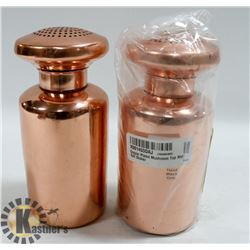 2 NEW COPPER MUSHROOM TOP SALT & SPIECE SHAKERS
