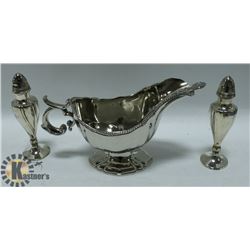 SILVER PLATE SALT + PEPPER WITH GRAVY BOAT & SPOON