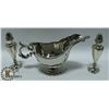 Image 1 : SILVER PLATE SALT + PEPPER WITH GRAVY BOAT & SPOON