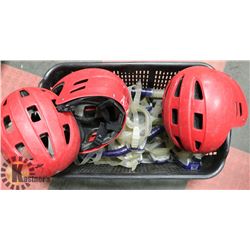 TOTE OF GOGGLES, SNORKELS AND HELMETS