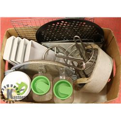 LARGE BOX OF MISC. POTTERY, KITCHEN STONEWARE+RACK