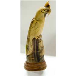 WATER BUFFALO HORN CARVING OF A PARROT, 13" TALL