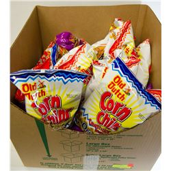 BOX OF CORN CHIPS, BBQ CORN CHIPS, AND MORE