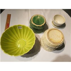 RED WING DISH(SMALL CHIP ON EDGE), 2 MCCOY PLANTERS 1 SHAUNEE