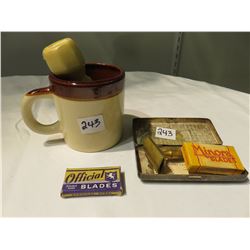 MUG, BRUSH, SHAVING KIT, NICE METAL BOX & BLADES