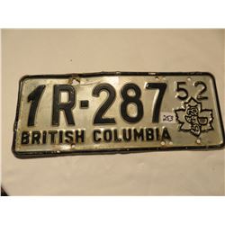 1952 BRITISH COLUMBIA LICENSE PLATE